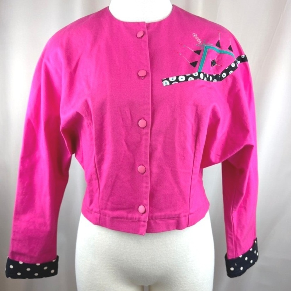 Vintage 80s Memphis Art Womens Cropped Jacket|L|Hot Pink Polka Cotton Maximalist